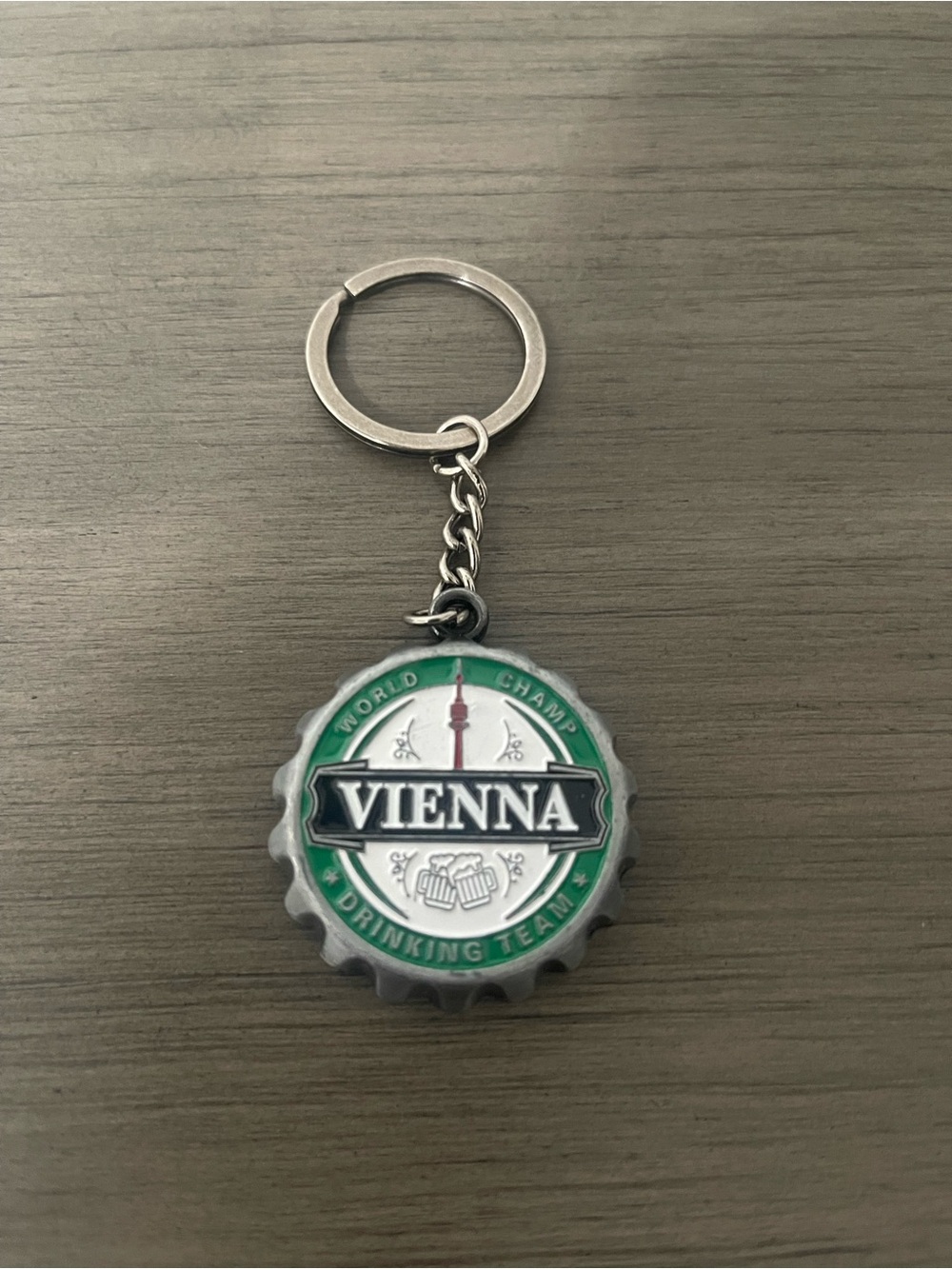 Vienna World Champ Drinking Team Metal Keychain Bottle Opener, Detachable Ring